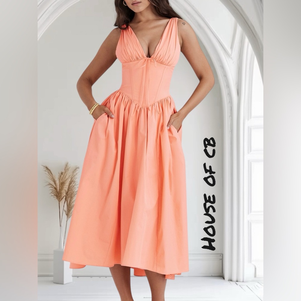 House of CB EMMELINA Peach Sorbet Cotton Corset Midi Sundress - Size M